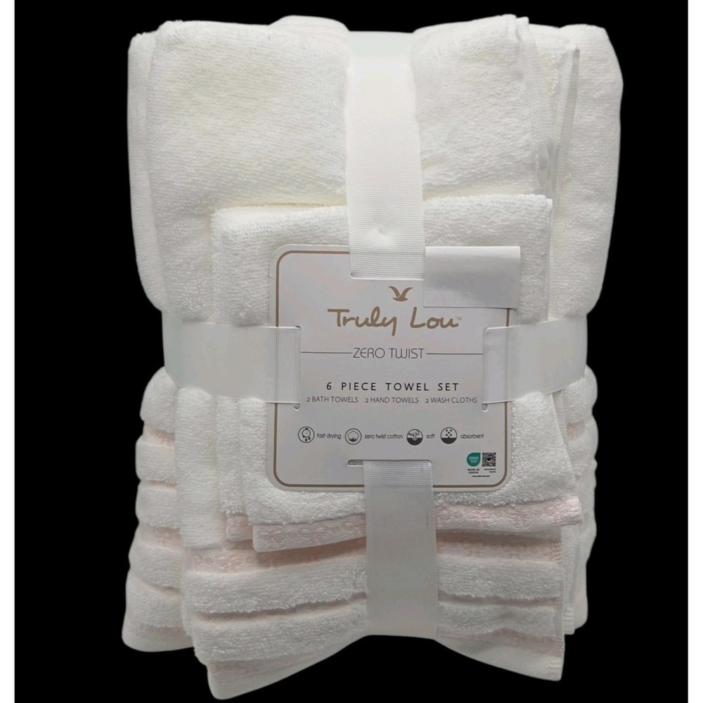 Truly Lou 6pc White Pink Soft Zero Twist Cotton Towel Set 2 Bath‎ 2 Hand 2 Wash